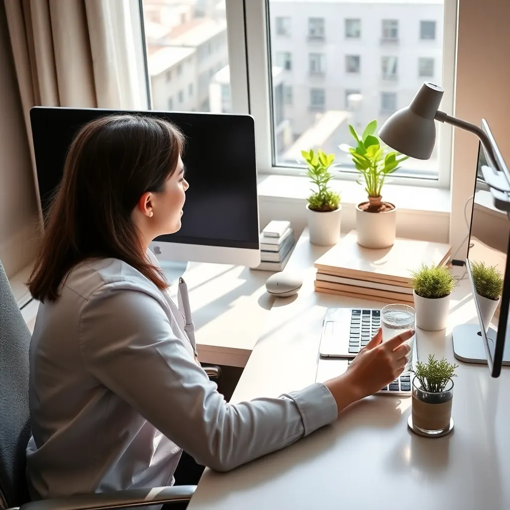 Modern professional working at desk with mineral water